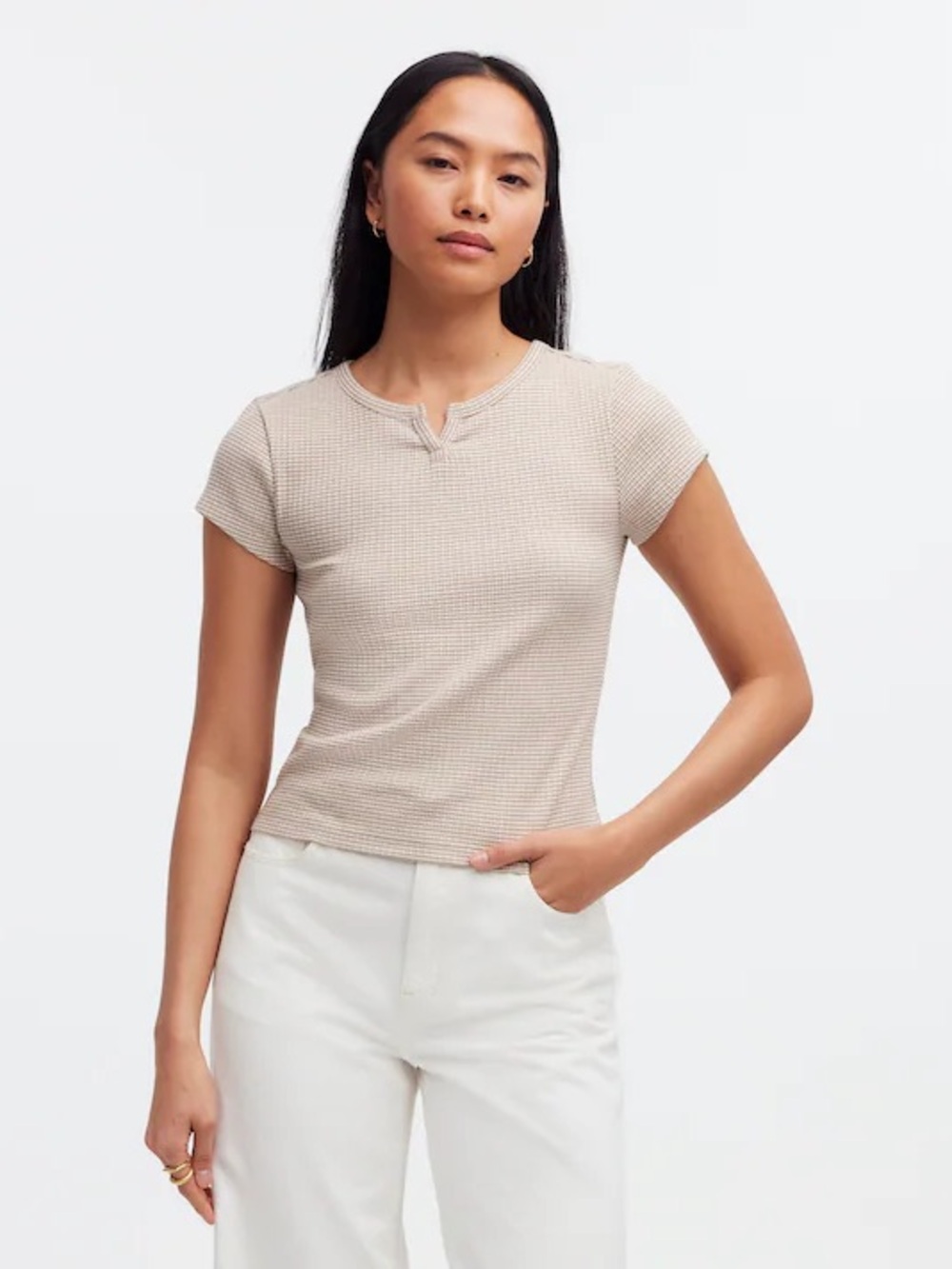 Madewell Ribbed Split Neck Tee in Beige/Khaki and White Stripes